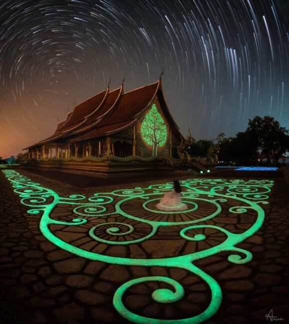 Wat Sirindhorn Wararam in Ubon Ratchathani becomes aglow at night, adding to the…